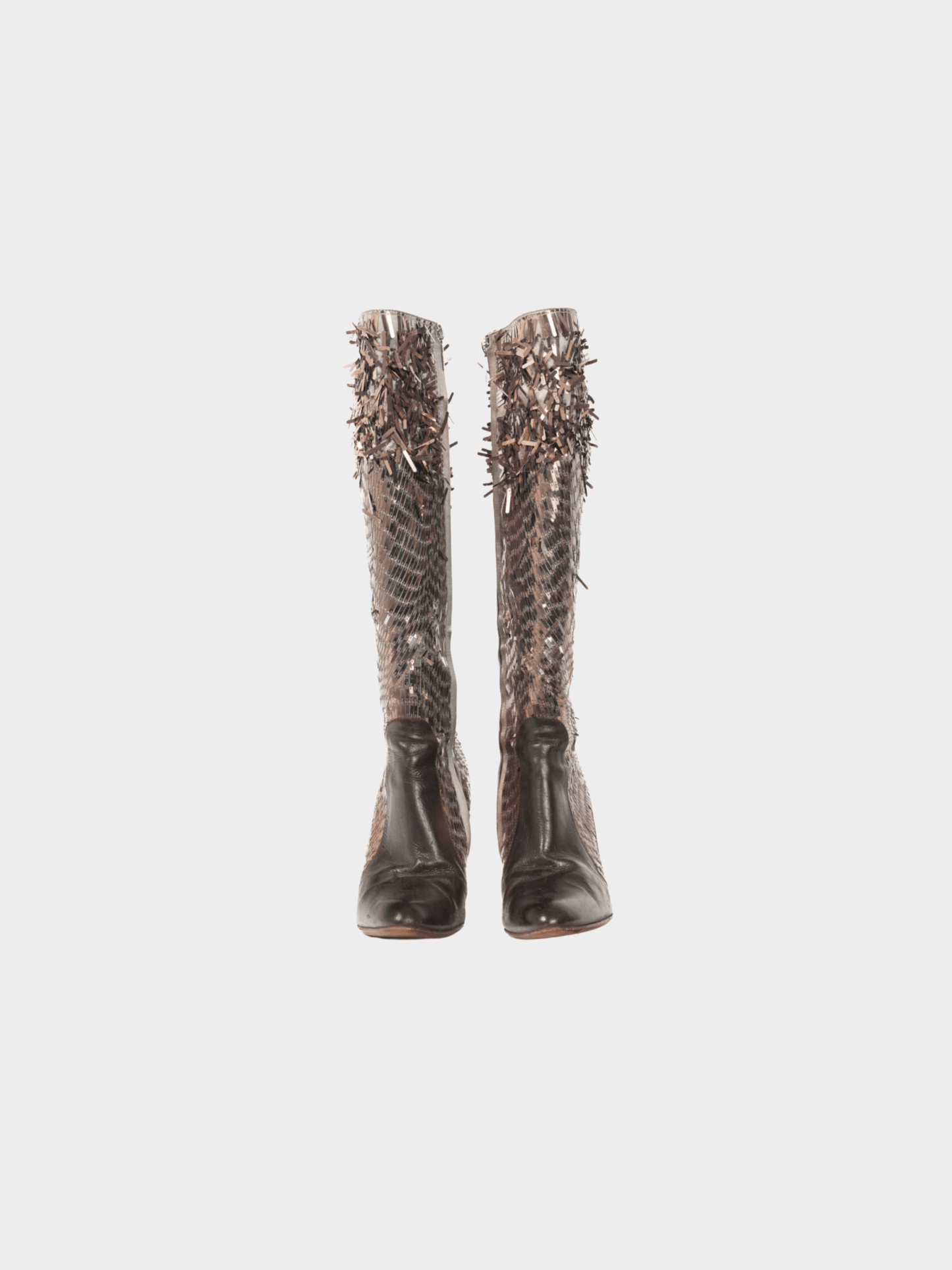 René Caovilla 2009 Brown Sequin and Leather Knee-High Boots