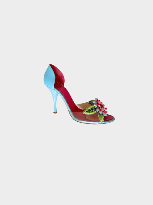 Moschino 2000s Blue Floral Leather Pump Heels