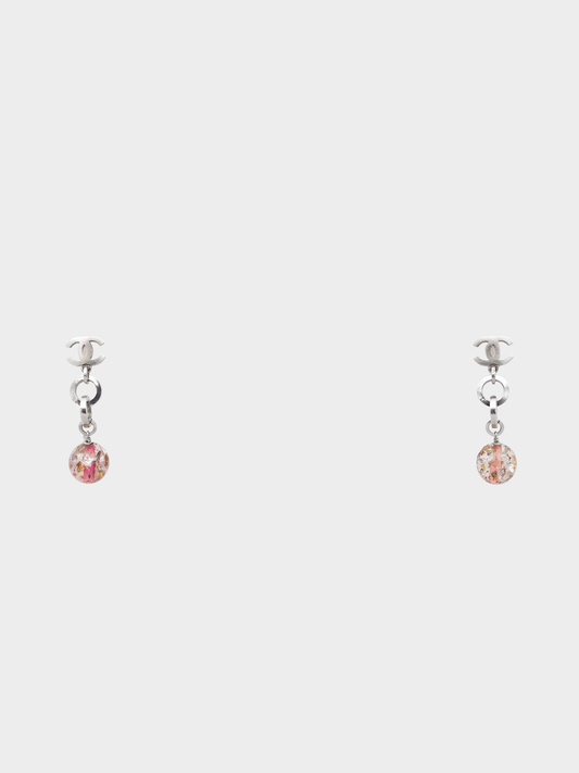 Chanel 2006 Silver CC Chain Purple Bead Long Piercing Earrings