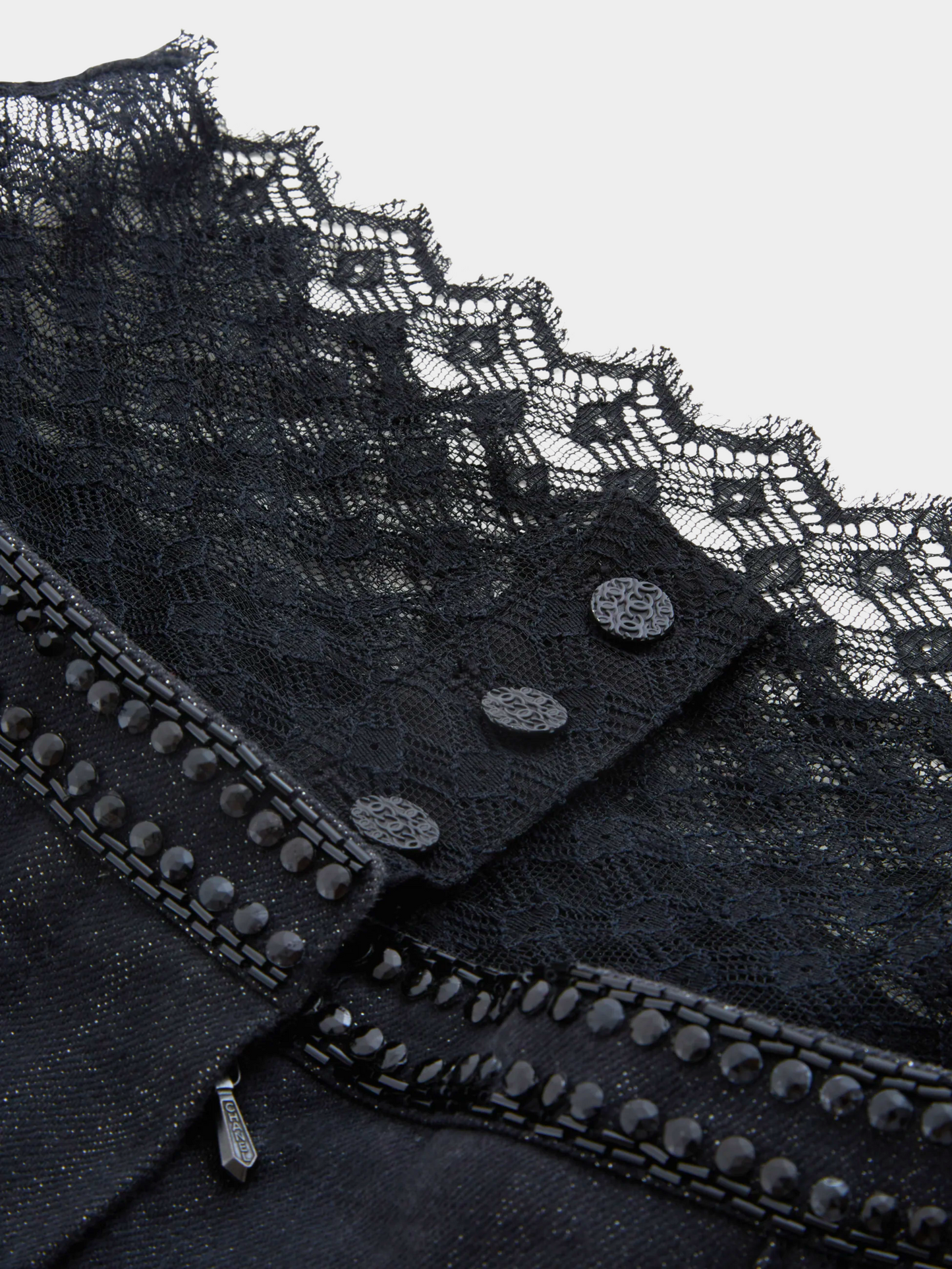 Chanel SS 2004 Blue embellished metallic gun metal & lace denim pants