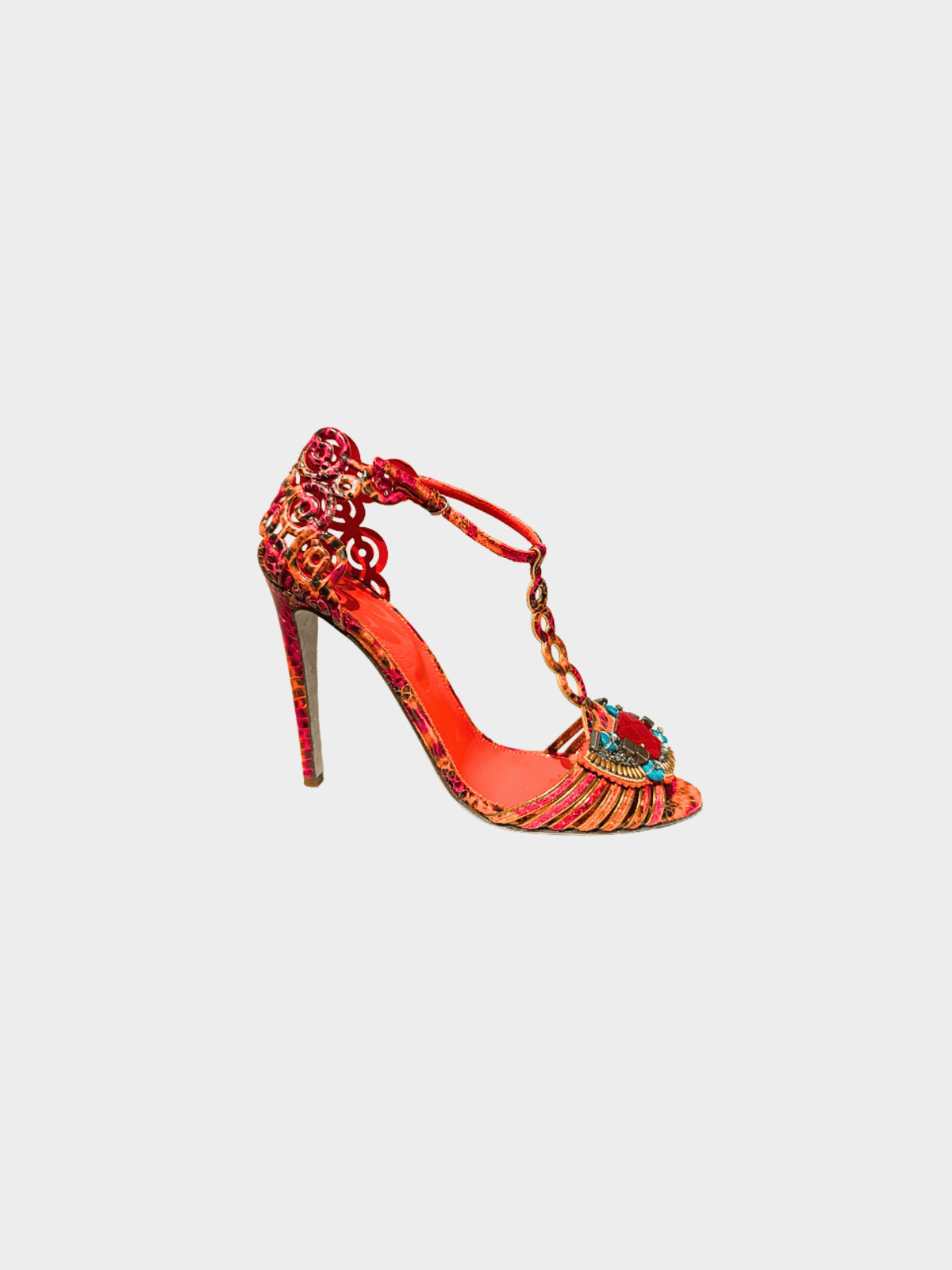 Sergio Rossi 2000s Bejeweled Orange Croc Embossed High Heels