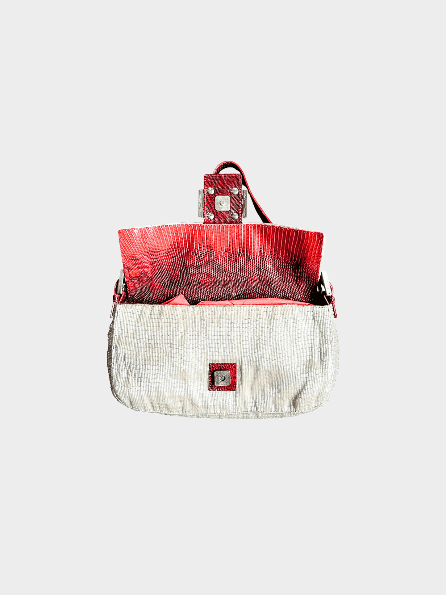 Fendi 2000s Beige Sequined Red Lizard Baguette Bag