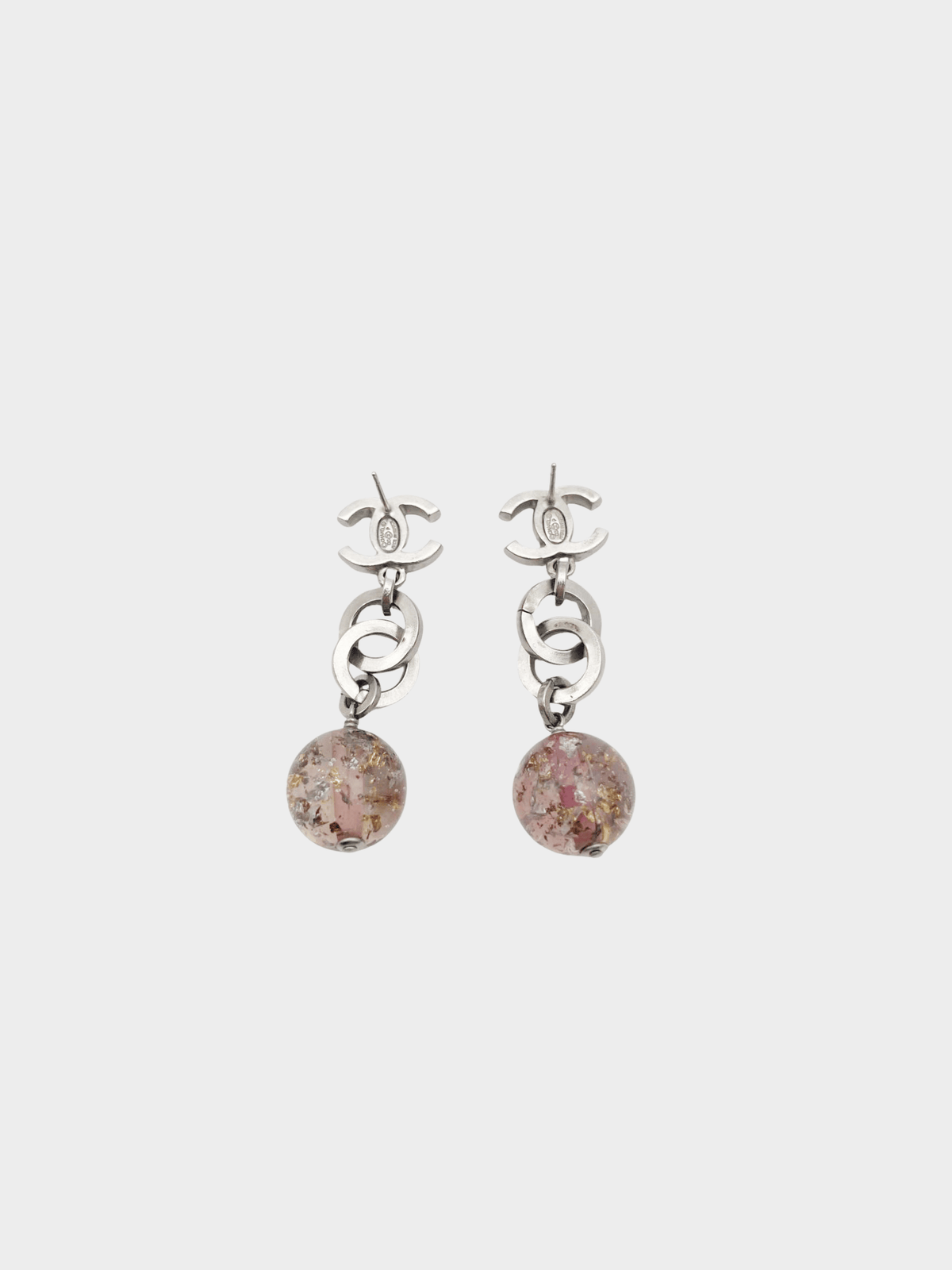 Chanel 2006 Silver CC Chain Purple Bead Long Piercing Earrings