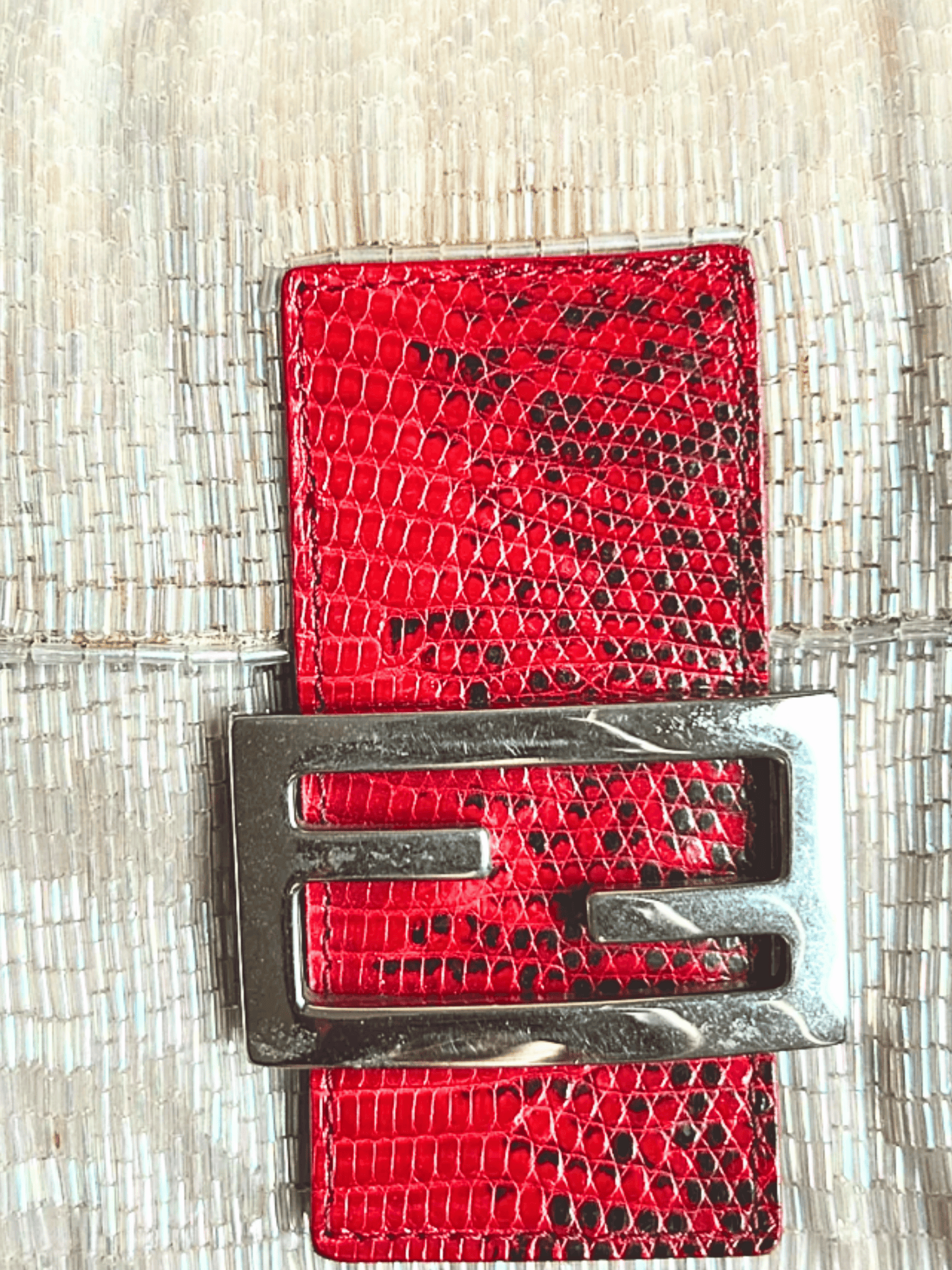 Fendi 2000s Beige Sequined Red Lizard Baguette Bag