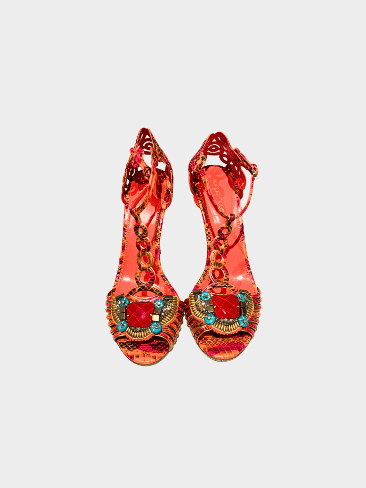 Sergio Rossi 2000s Bejeweled Orange Croc Embossed High Heels