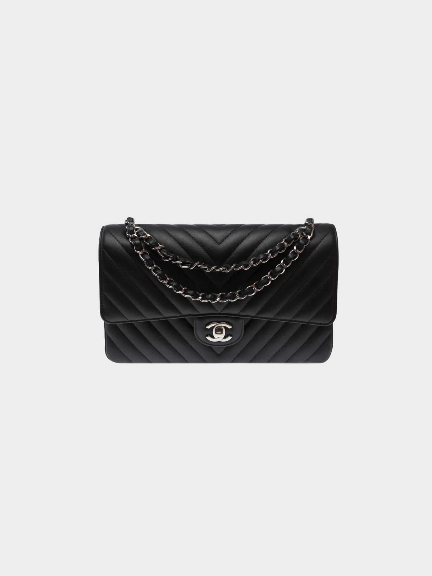 Chanel 1994 Black Lambskin Leather Chevron Stitch Medium Classic Flap Bag