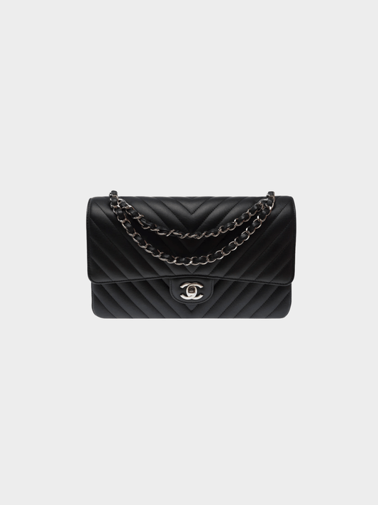 Chanel 1994 Black Lambskin Leather Chevron Stitch Medium Classic Flap Bag