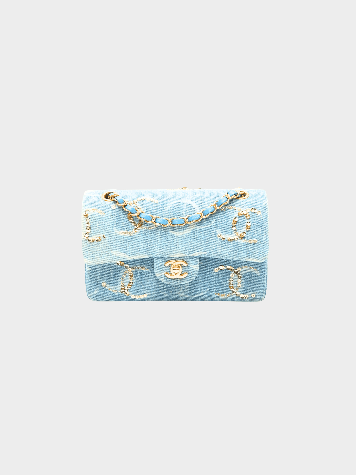 Chanel 2023 Blue Denim Sequin CC Printed Medium Classic Double Flap Bag