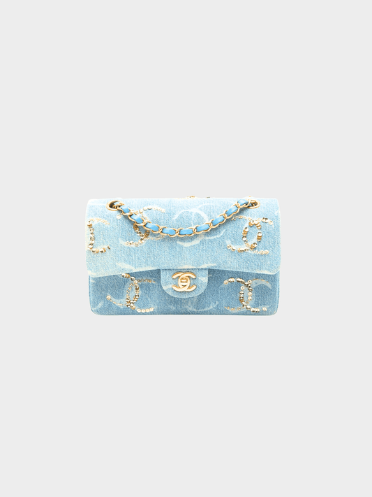 Chanel 2023 Blue Denim Sequin CC Printed Medium Classic Double Flap Bag