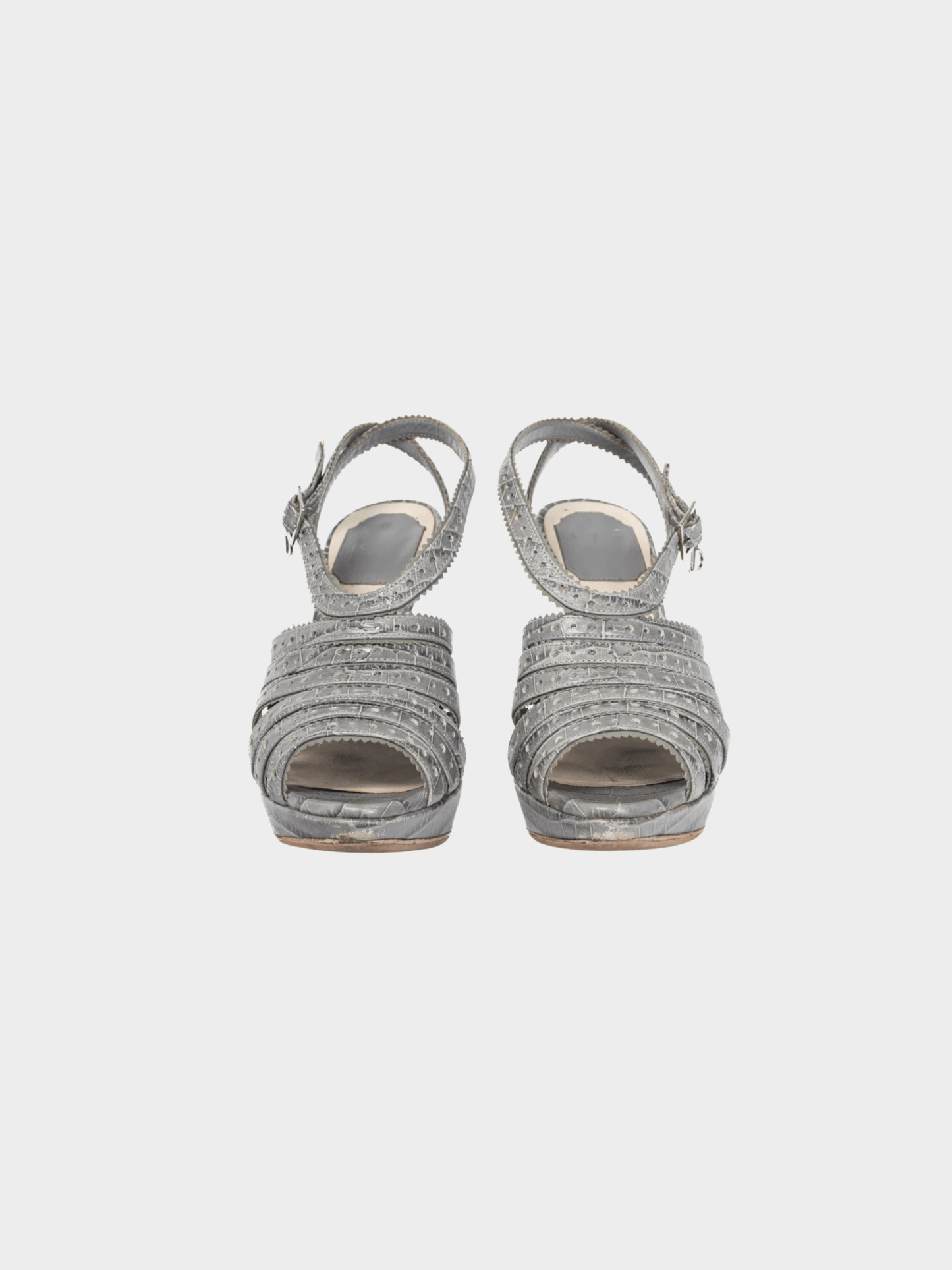 Christian Dior 2000s Bonnie Grey Snake-Embossed Perforated Platform Sandals