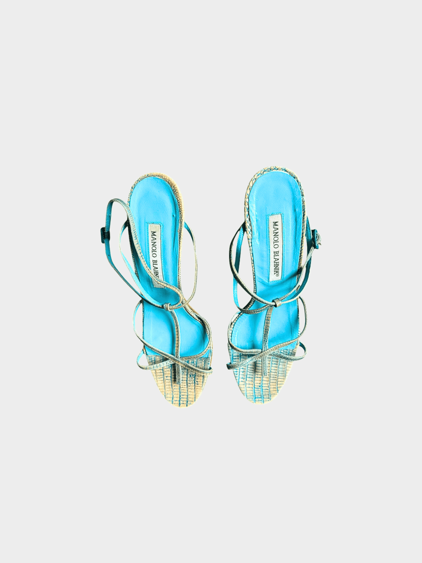Manolo Blahnik 2000s Aqua Blue Reptile Skin Leather Strappy Sandals