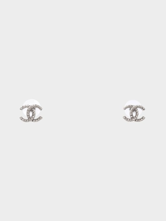 Chanel 2000s Silver CC Rhinestone Stud Earrings