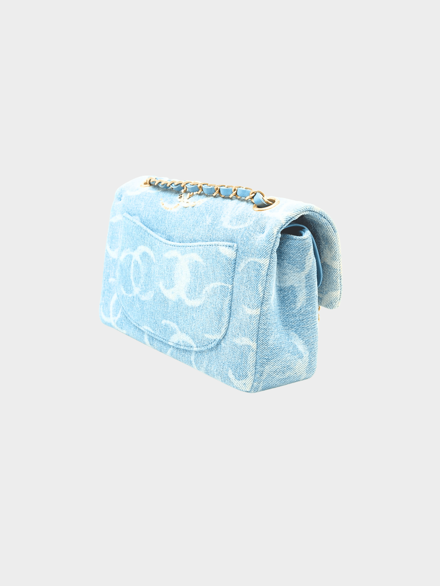 Chanel 2023 Blue Denim Sequin CC Printed Medium Classic Double Flap Bag