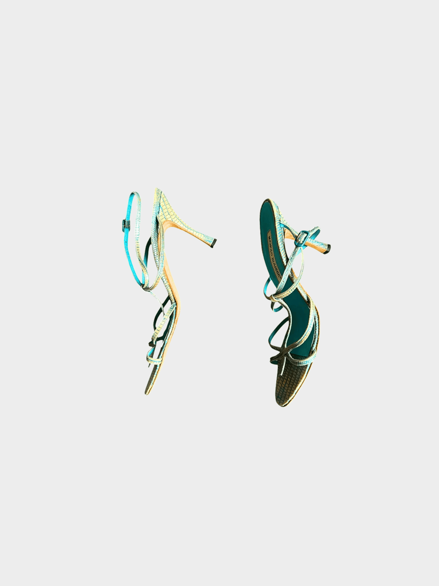 Manolo Blahnik 2000s Aqua Blue Reptile Skin Leather Strappy Sandals