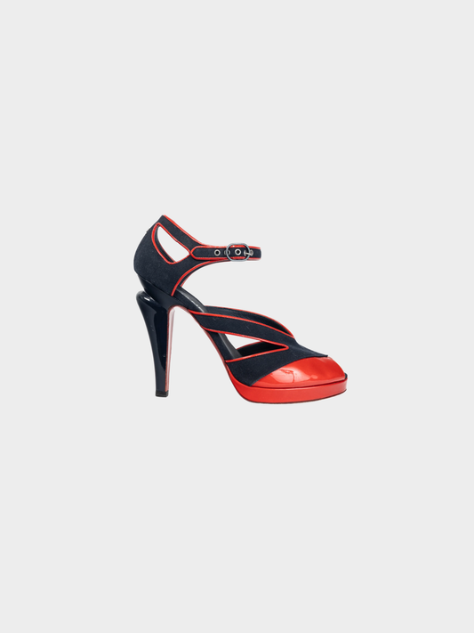 Chanel SS 2008 Runway Navy Canvas & Red Patent Leather Sandals