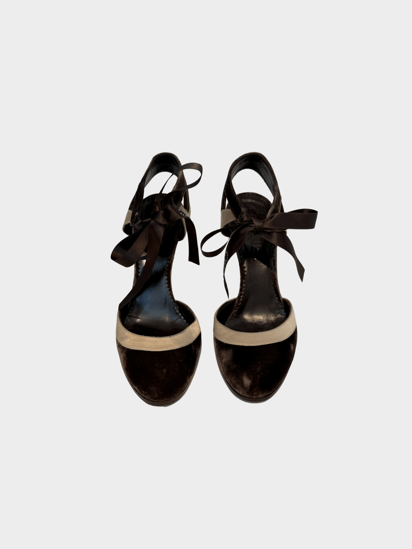 Chanel 2000s Dark Brown and Cream Velvet Satin Ankle Tie Heels