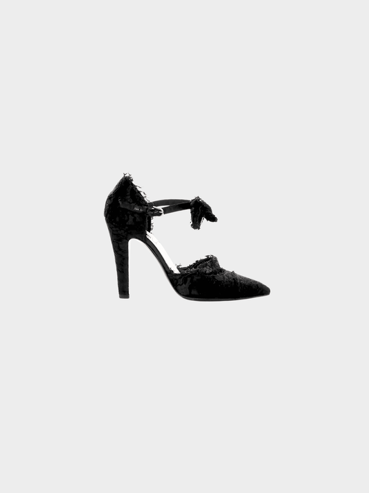 Chanel 2000s Black Lace Ankle Strap Bow Black Satin Pumps