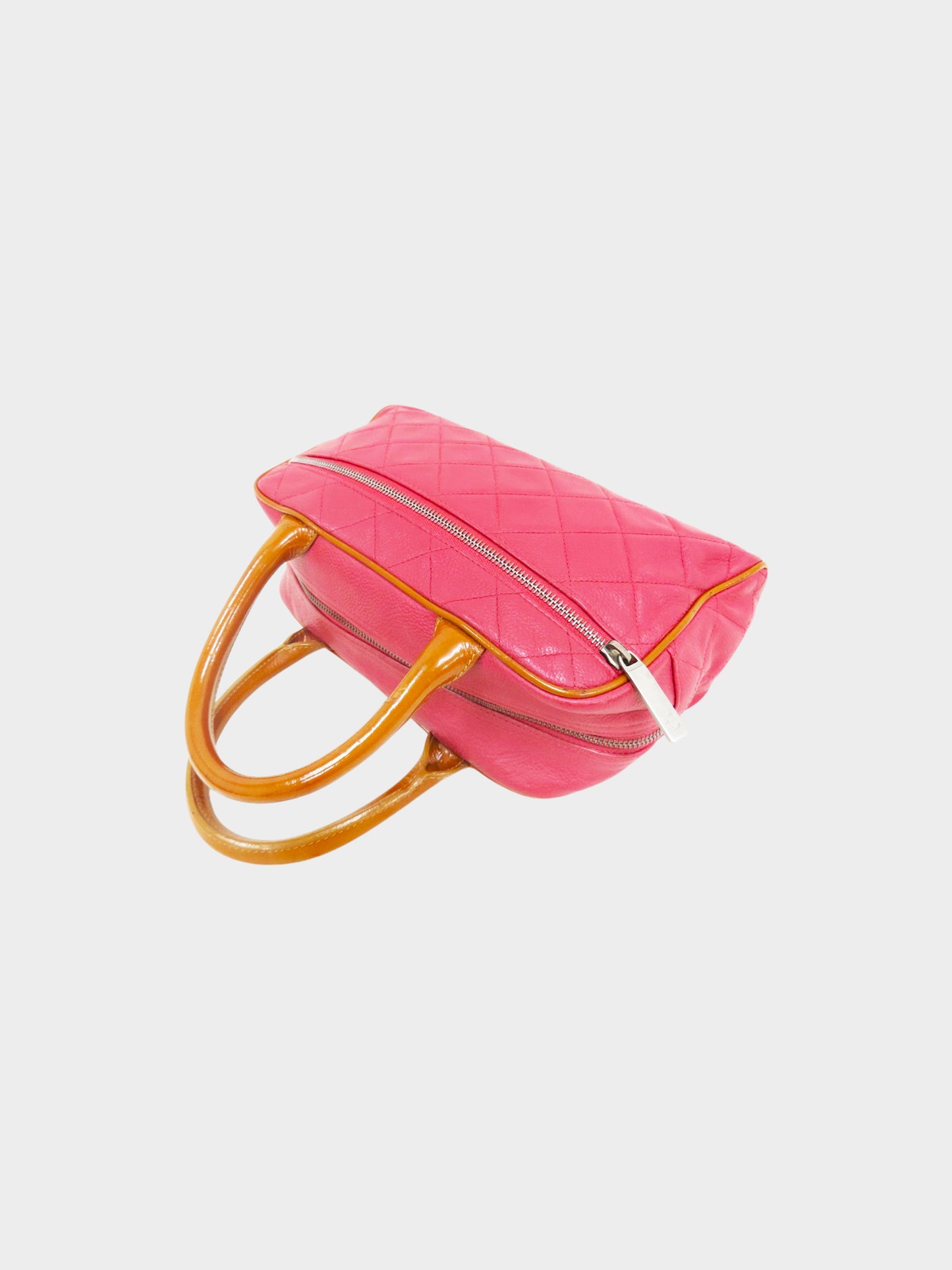 Chanel 2000-2002 Pink Quilted Caviar Leather and Brown Patent Boston Bag