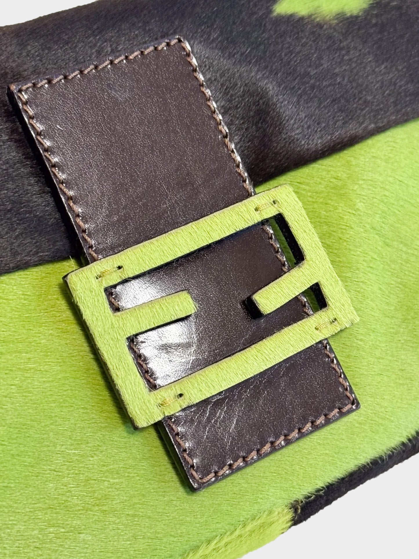 Fendi 2000s Green and Black Pony Hair Cow Print Baguette