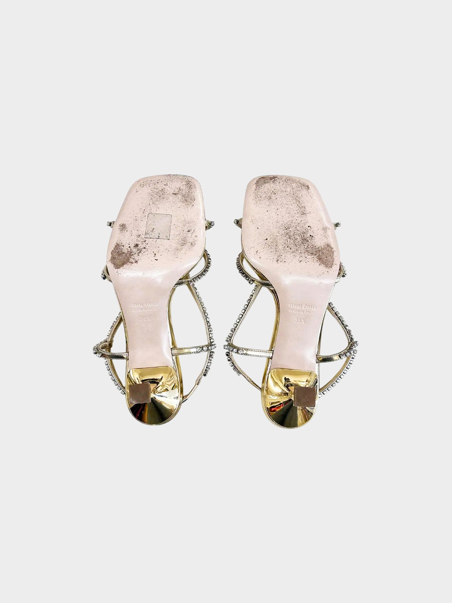 Miu Miu 2010s Gold and Crystals Strappy Patent Leather Heeled Sandals