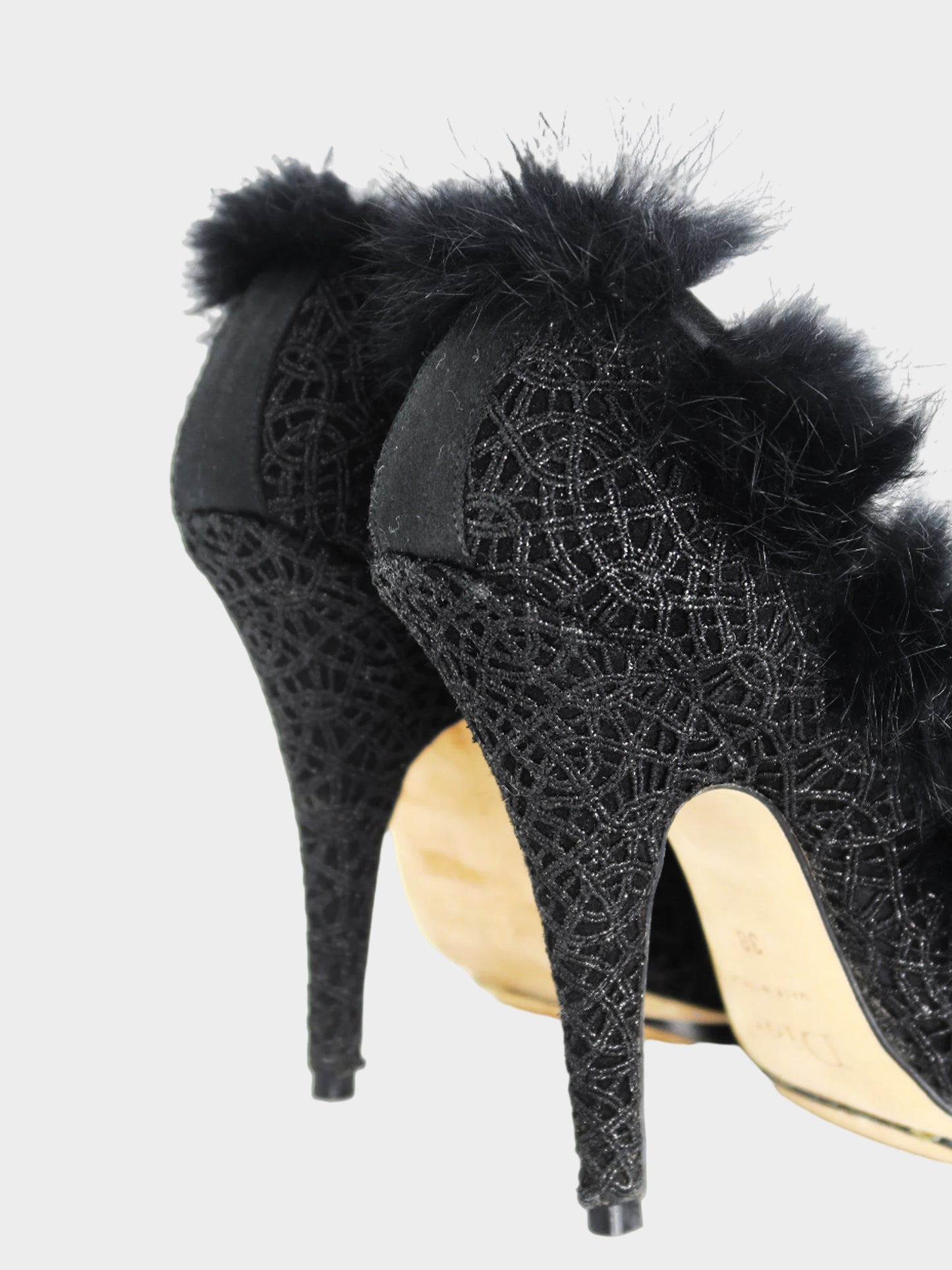 Christian Dior by John Galliano 2000s Black Glitter Fur Trim Heels