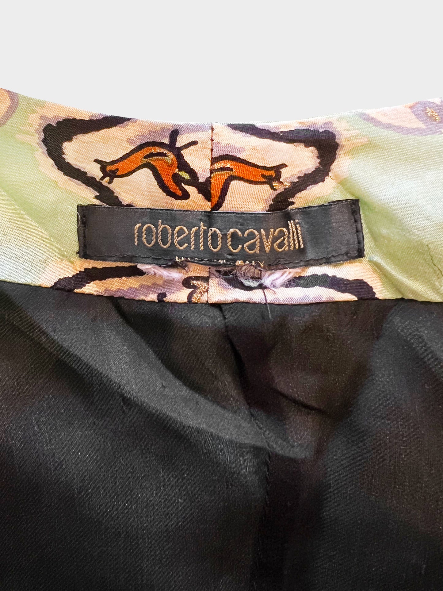 Roberto Cavalli SS 2003 Green and Black Chinoiserie Floral Print Silk Kimono and Skirt Set