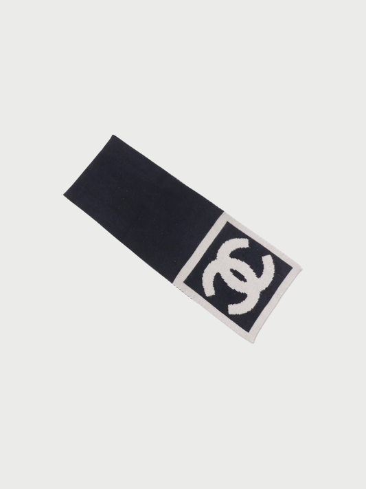 Chanel 2000s Black Gray Wool Silk Cashmere Coco Mark Muffler