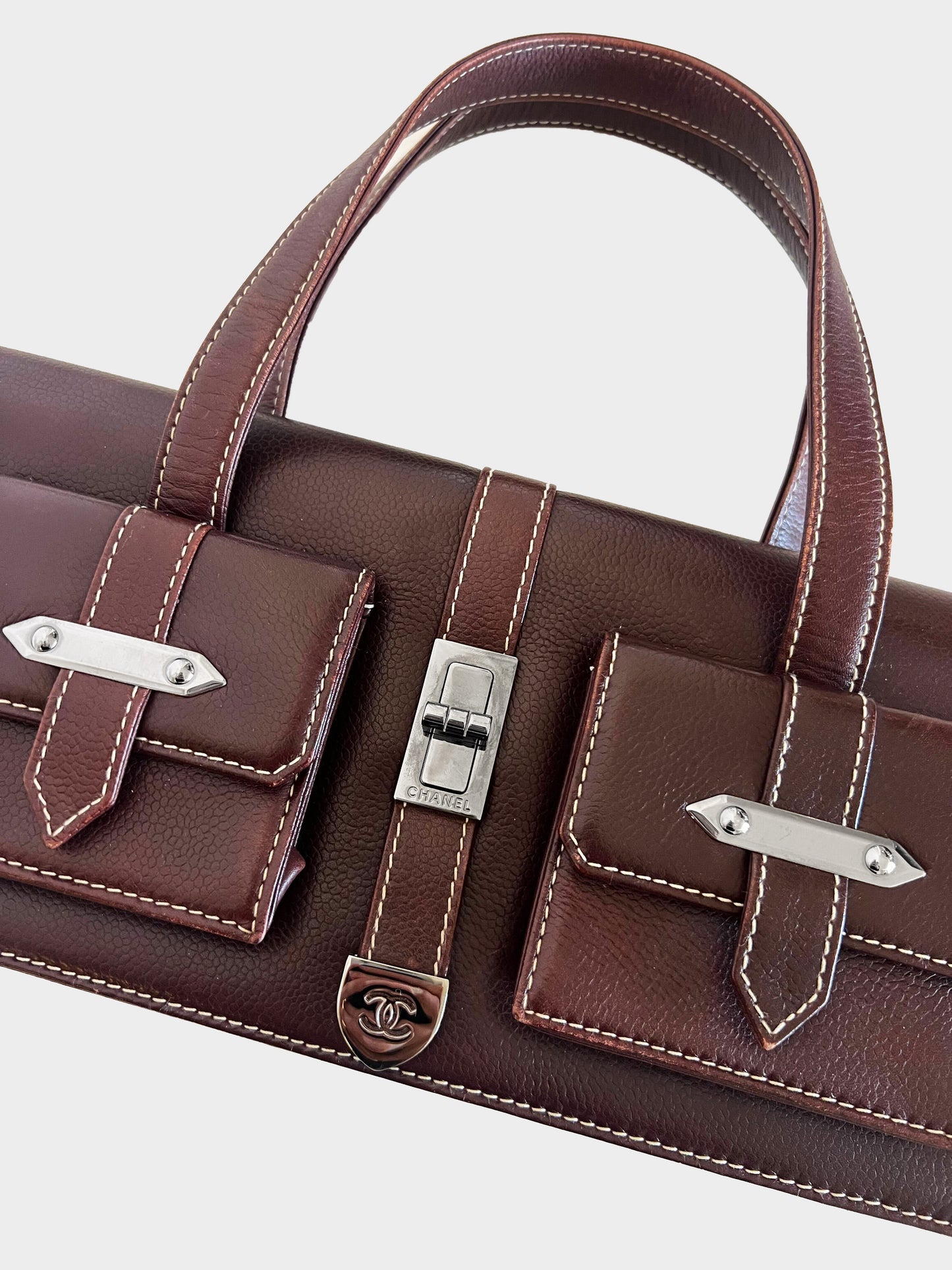 Chanel 2003-2004 Dark Burgundy Leather Mademoiselle Lock Double Pocket Handbag