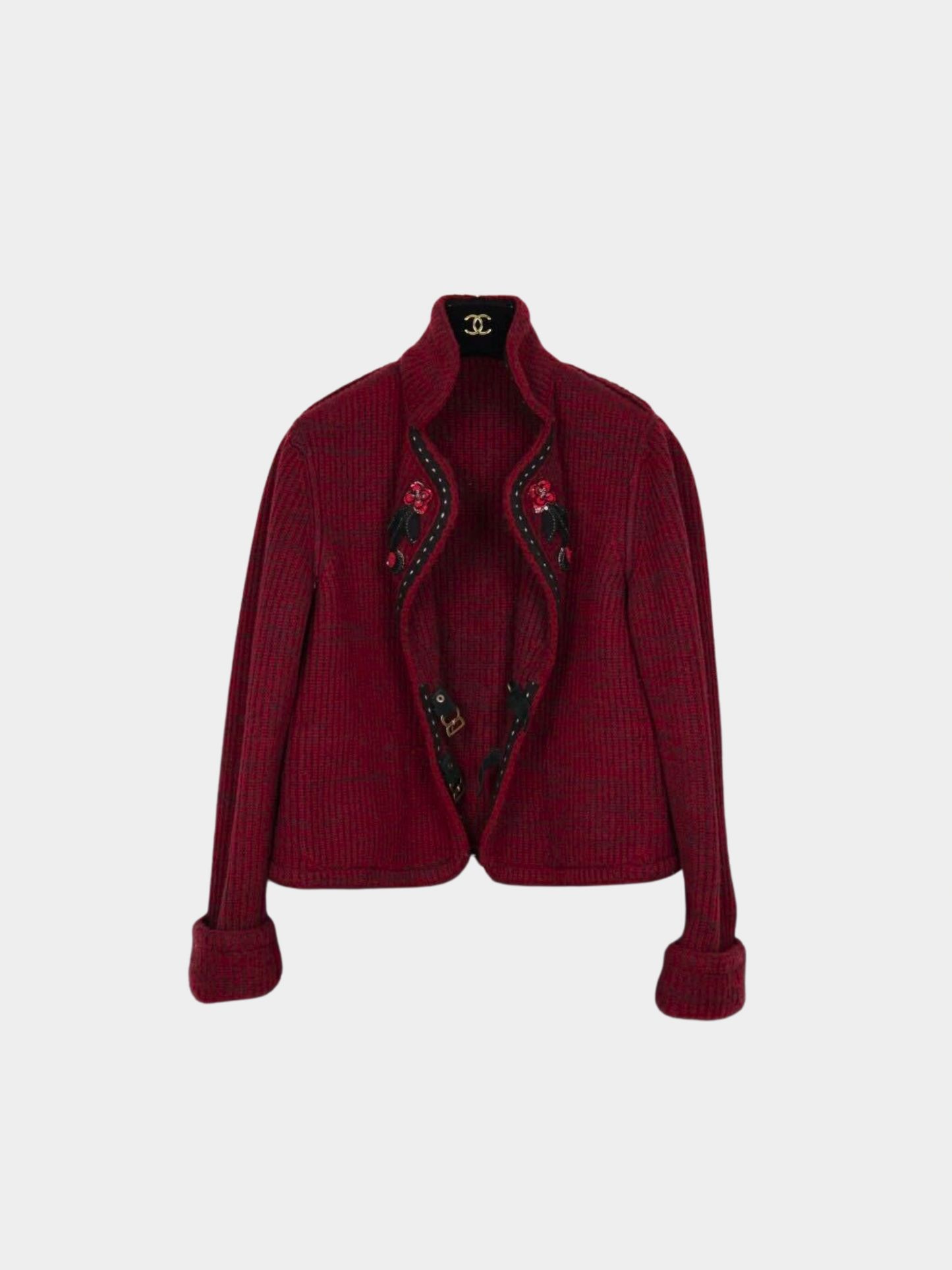 Chanel 2015 Berry Red Floral Embroidered Two-Pocket Jacket