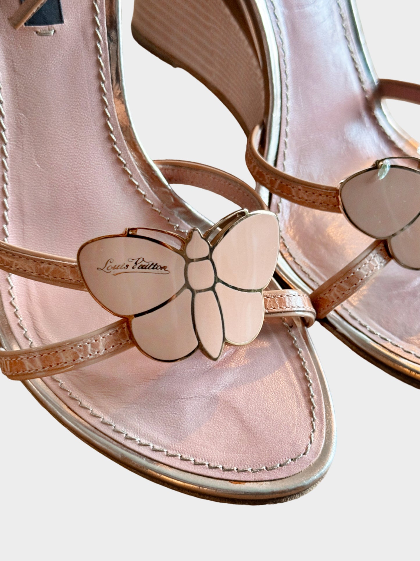 Louis Vuitton 2015 Pink Leather Butterfly Slingback Wedge Sandals