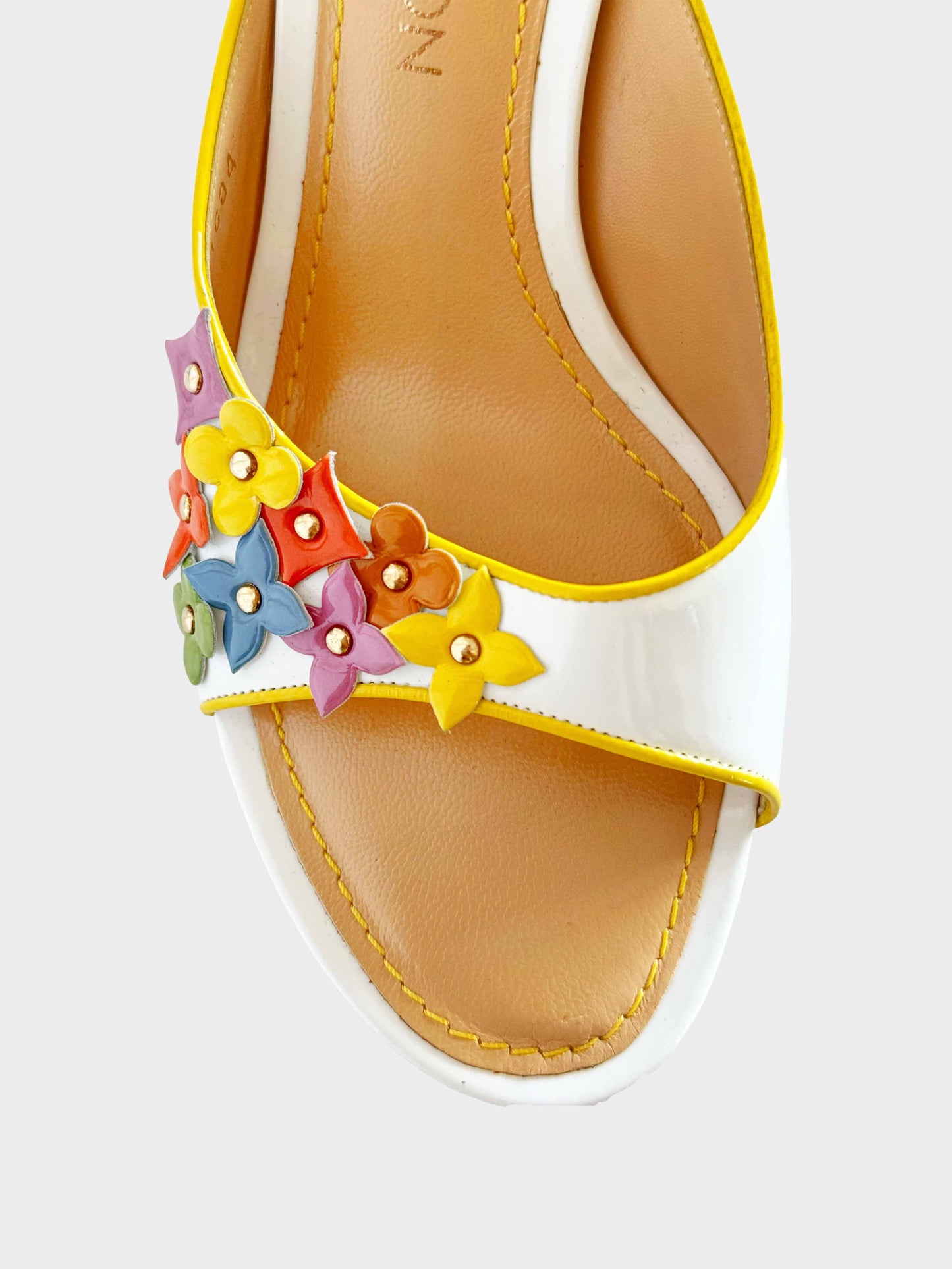 Louis Vuitton 2004 Multicolor Flower-embellished Patent Leather Heeled Sandals