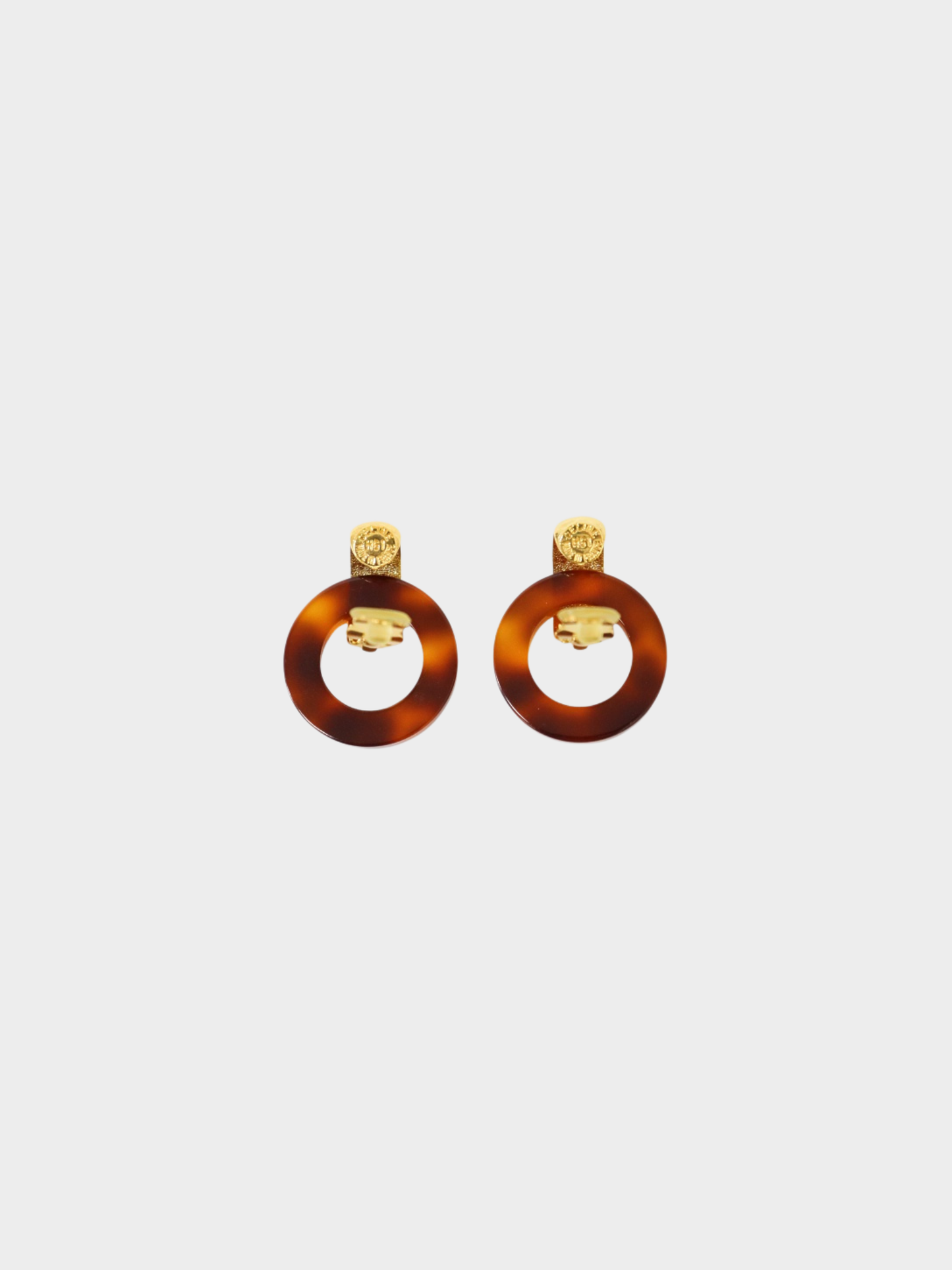 Celine 2000s Gold Brown Tortoiseshell Logo Clip-On Earrings