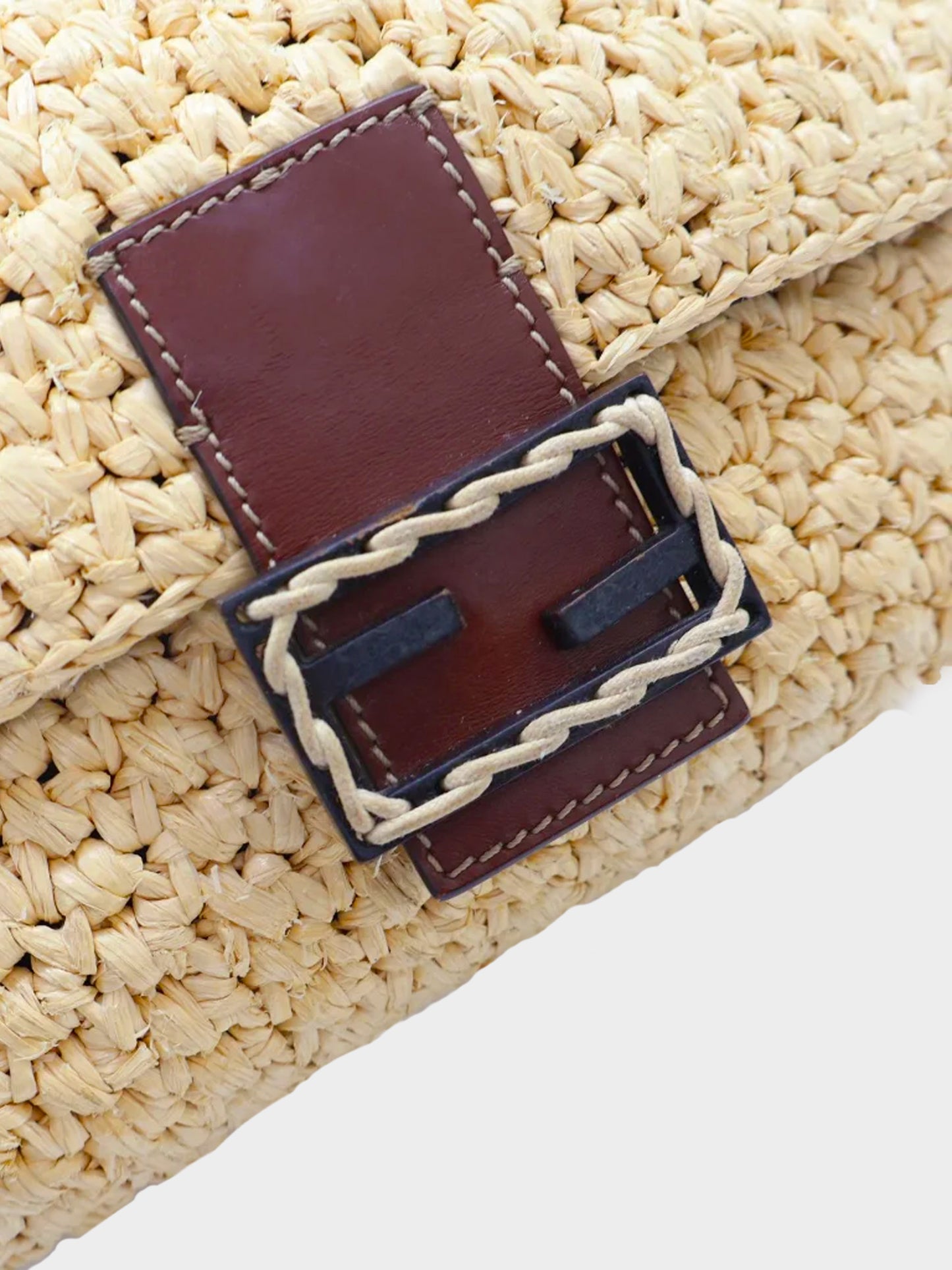 Fendi 2021 Beige Crochet Raffia Baguette