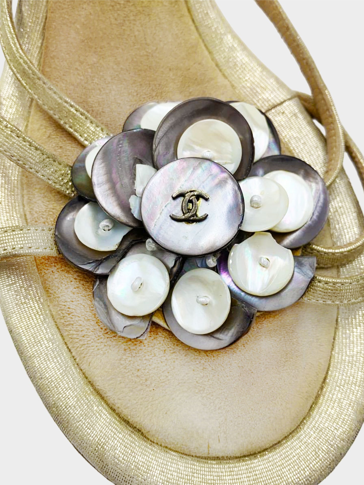 Chanel 2000s Gold and Beige Camellia Heeled Mules