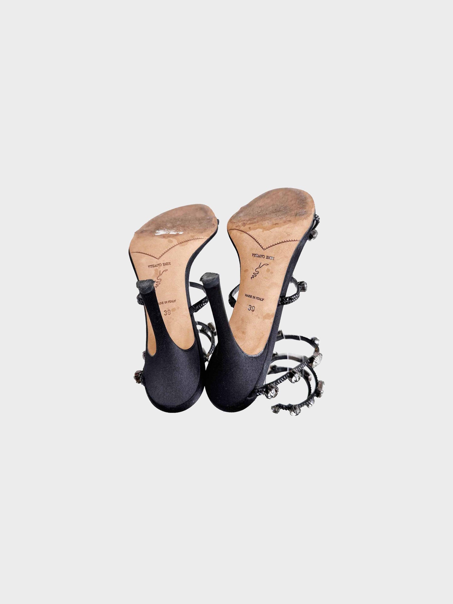 René Caovilla 2010s Black Satin Jeweled Heels