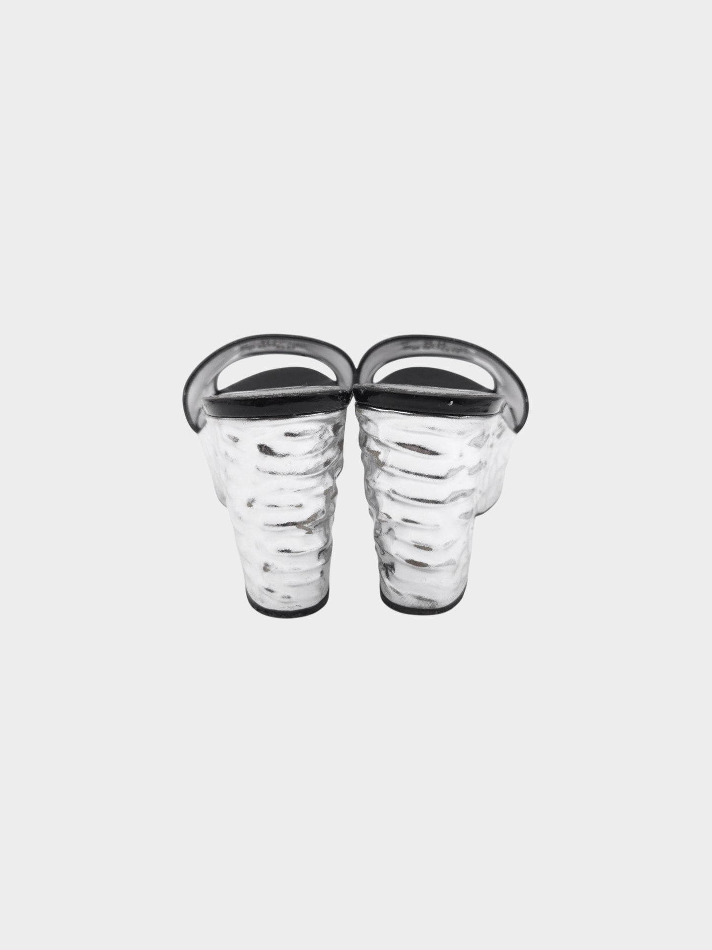 Chanel by Karl Lagerfeld Spring 2009 Black and Silver Hammered Silver Wedge Slide Sandals
