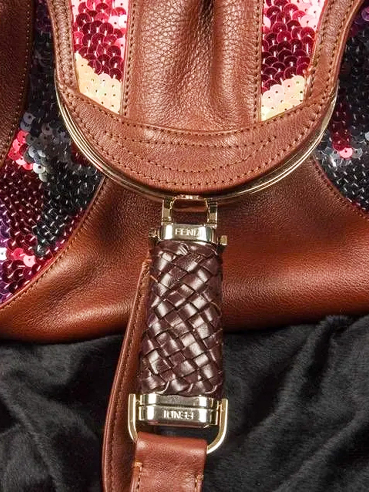 Fendi Mid-2000s Limited Edition Brown Nappa Leather Multicolored Sequins Spy Bag