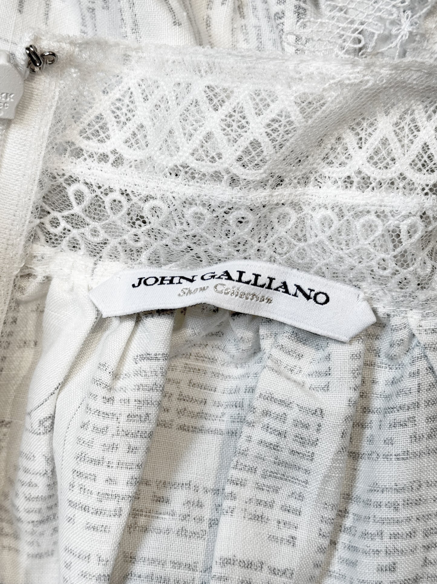 John Galliano 2019 White Gazette Newspaper Print Lace Ruffled Apron Dress