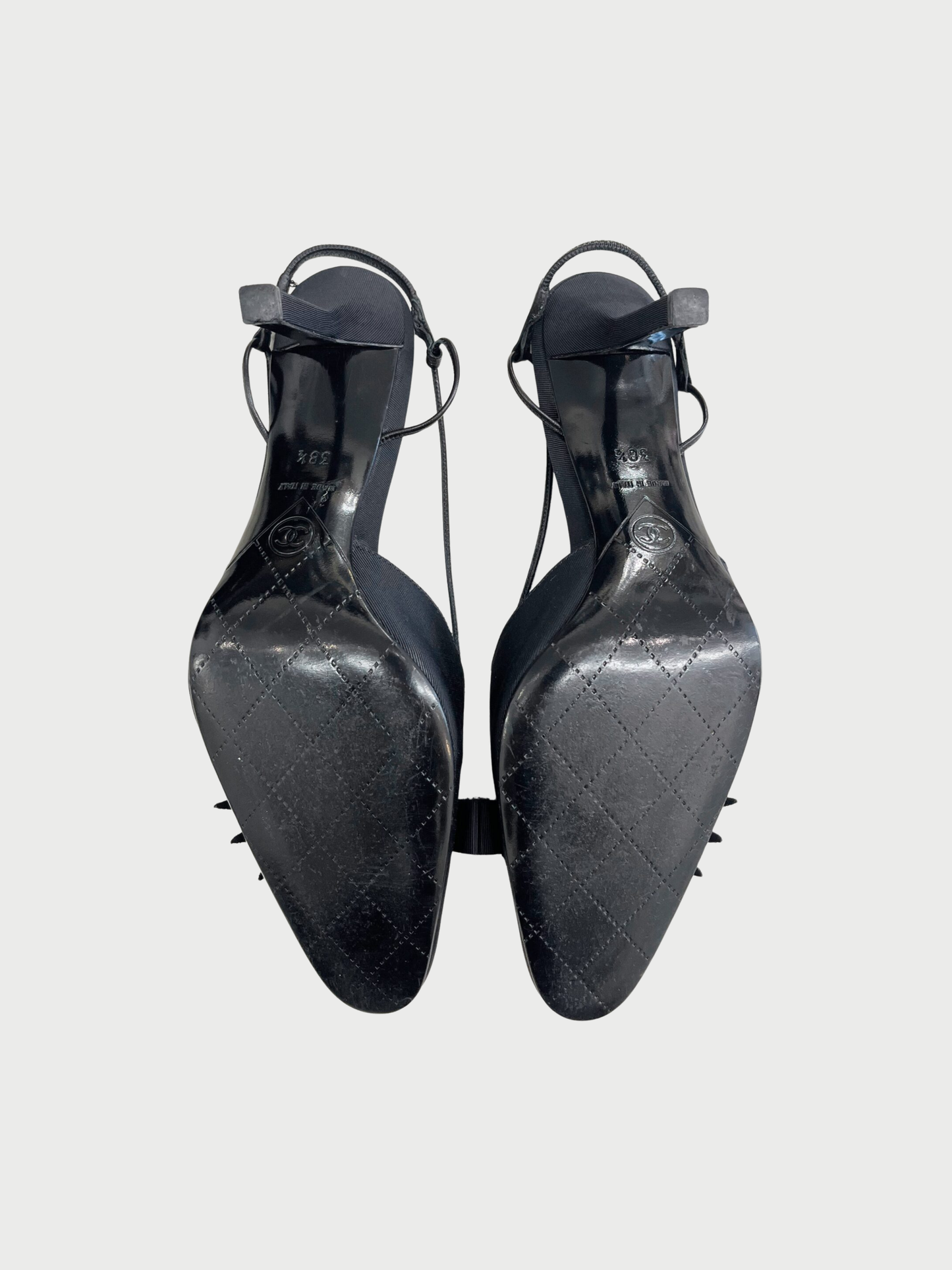 Chanel 2020s Black Grosgrain Leather Camellia Pearl Slingback Heels