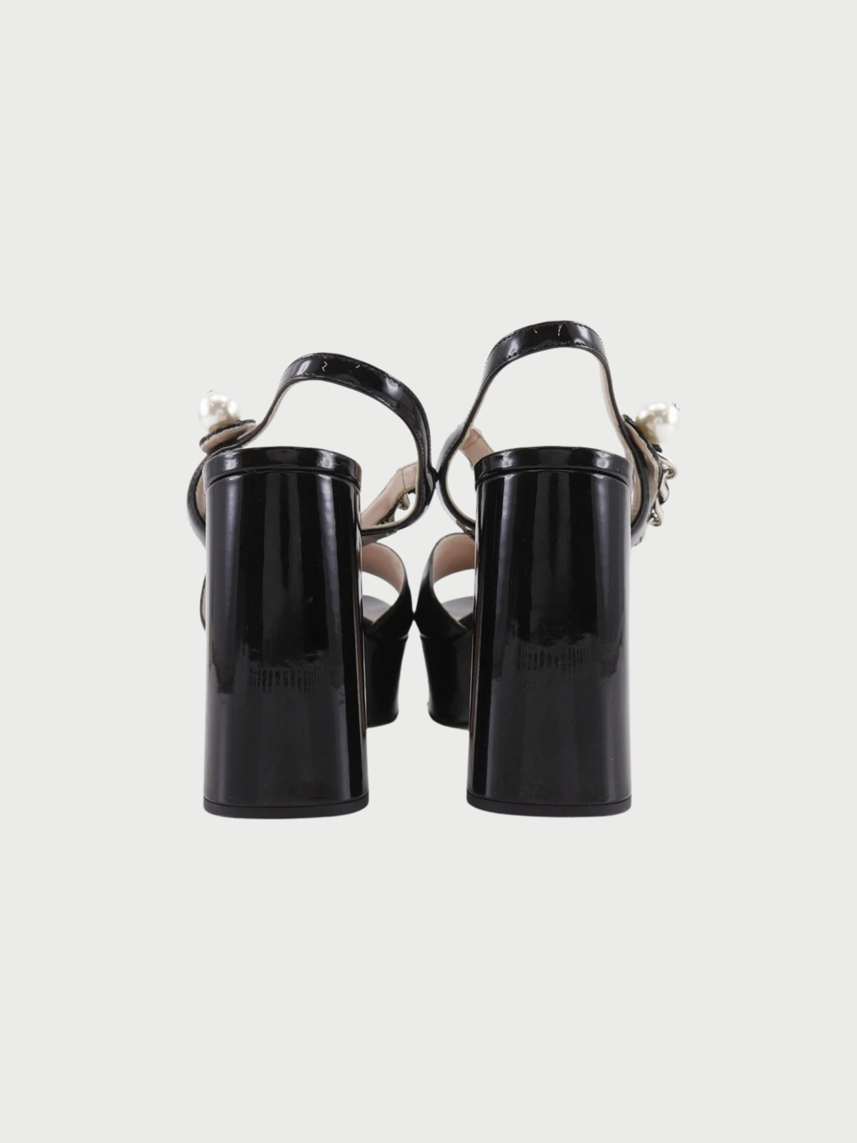 Miu Miu 2020s Black Patent Leather Pearl Platform Sandals