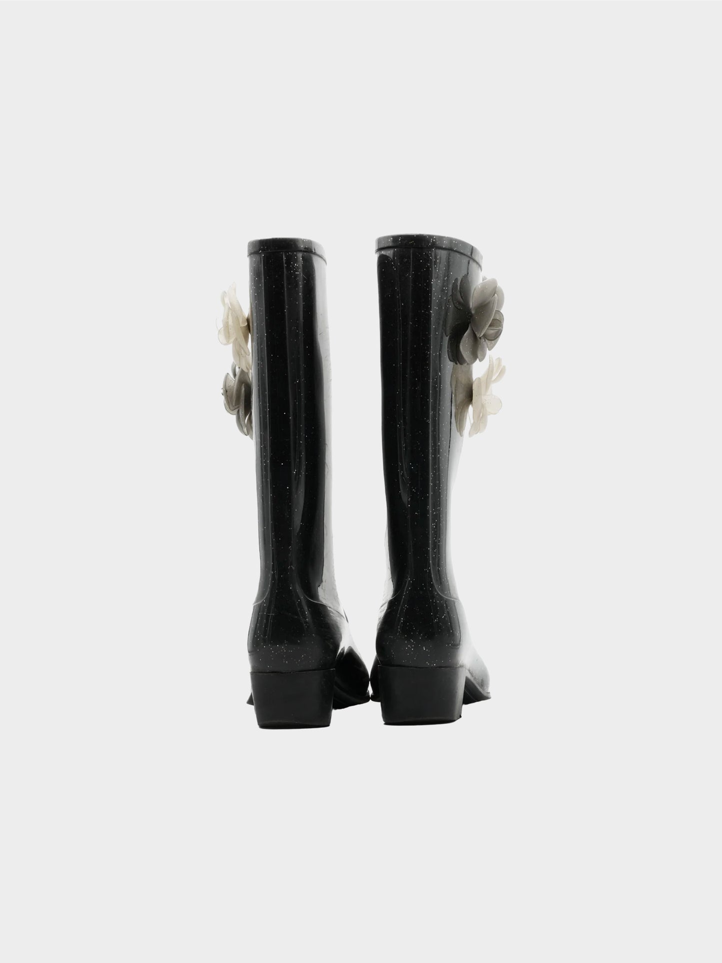 Chanel 2020 Black Glitter Rain Boots with Camellia Flowers