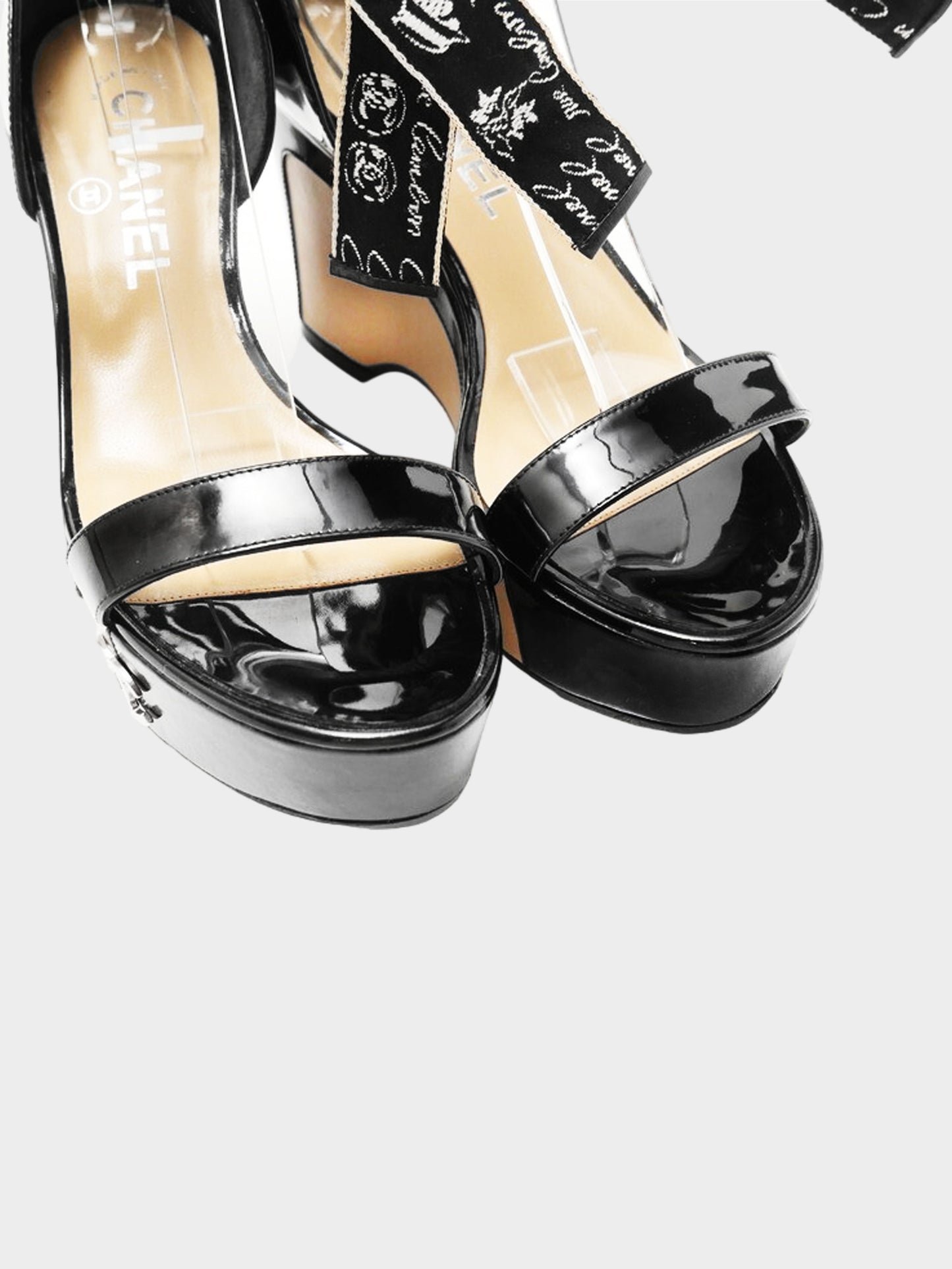Chanel by Karl Lagerfeld Cruise 2006 Black and Beige Patent Leather Lace-up Wedged Heels