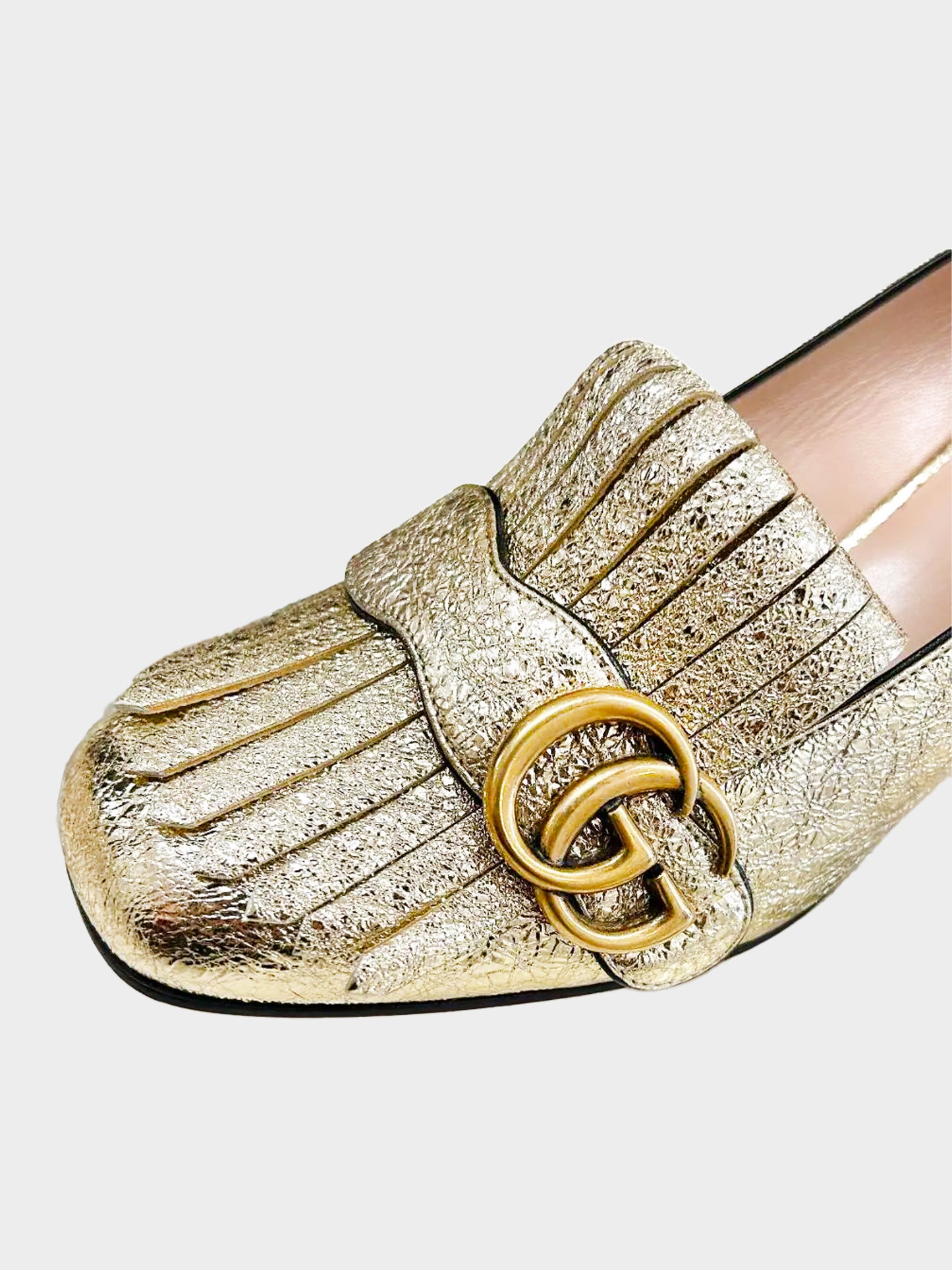 Gucci 2010s Metallic Gold Crinkle Leather Block Heeled Loafers