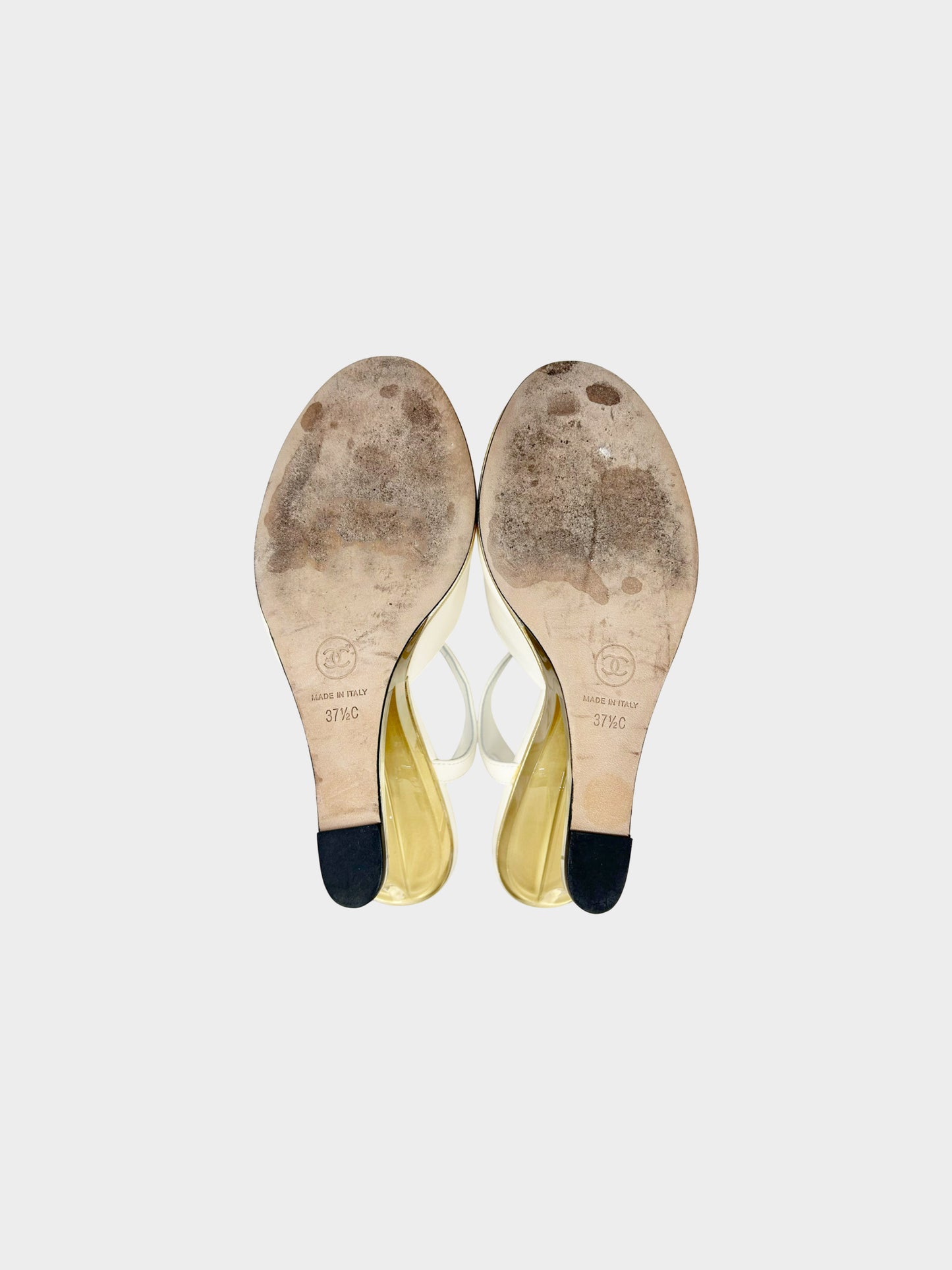 Chanel 2020 Ivory Leather Lucite Logo Wedges  Heels