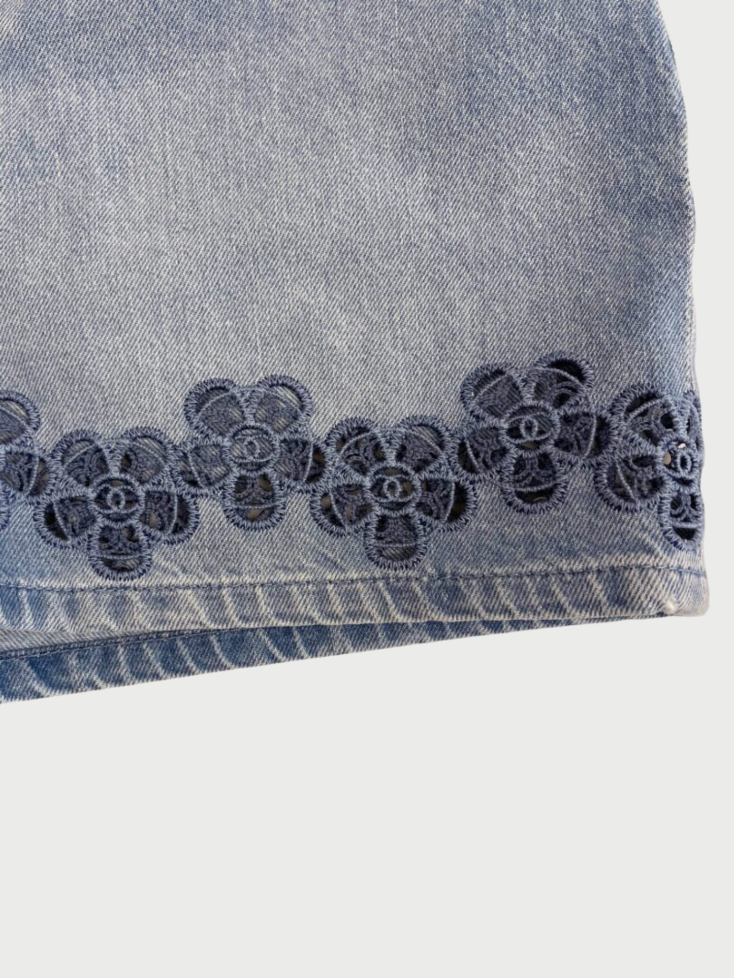 Chanel 2024 Blue Denim Floral Logo Embroidered Shorts