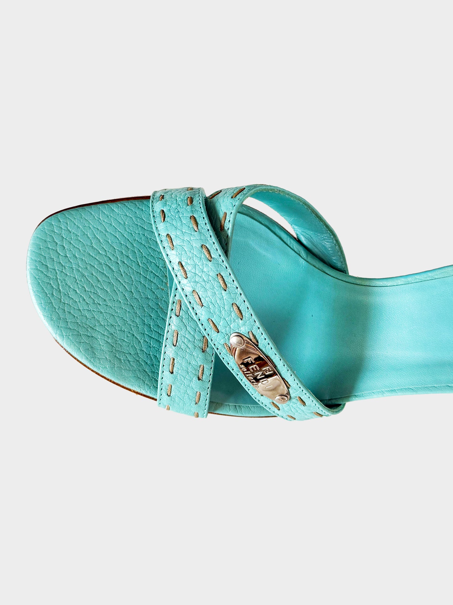 Fendi 2000s Turquoise Selleria Crossed Strap Kitten Heels