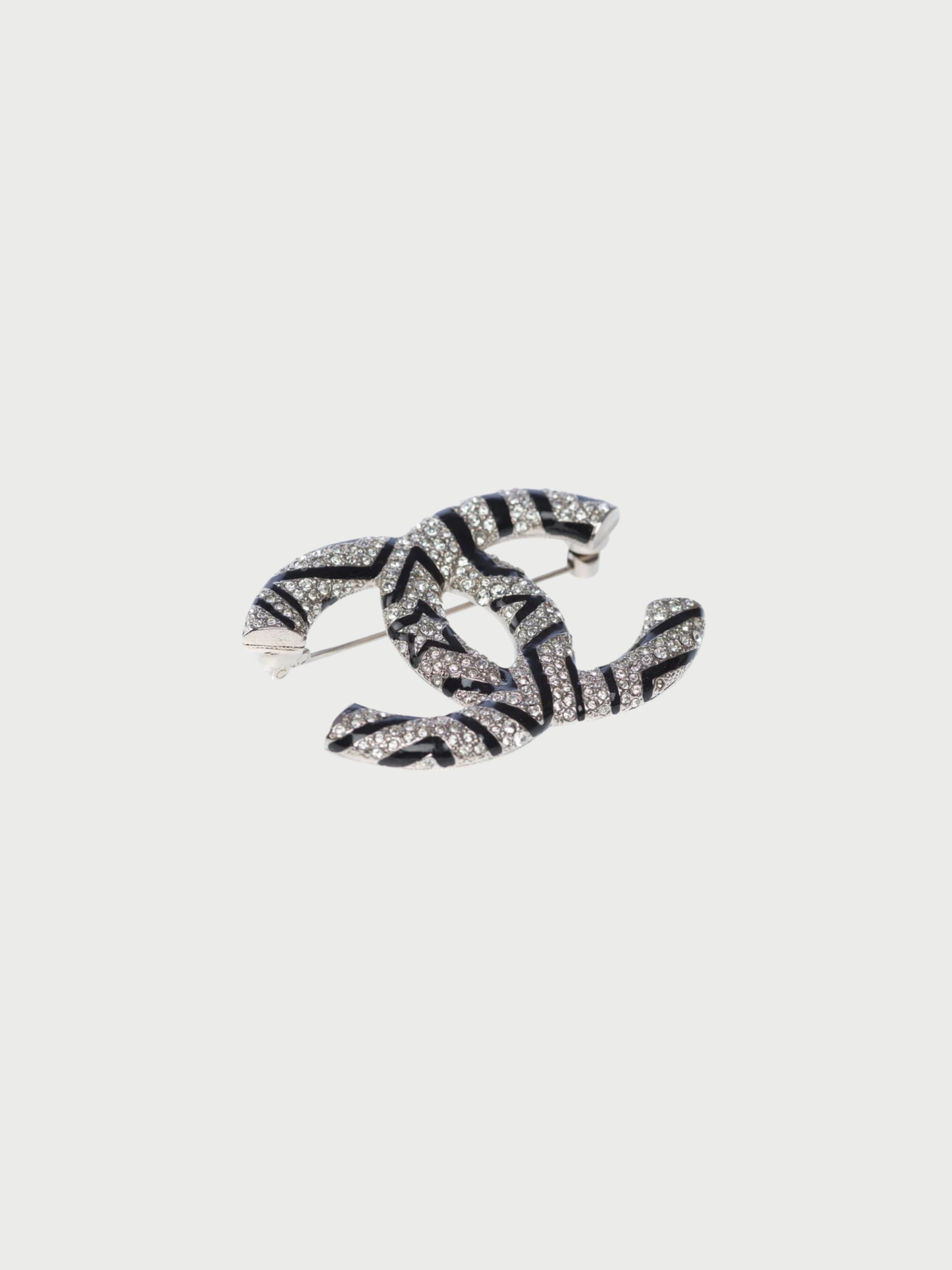 Chanel 2010s Silver Black Metal CC Crystal Brooch