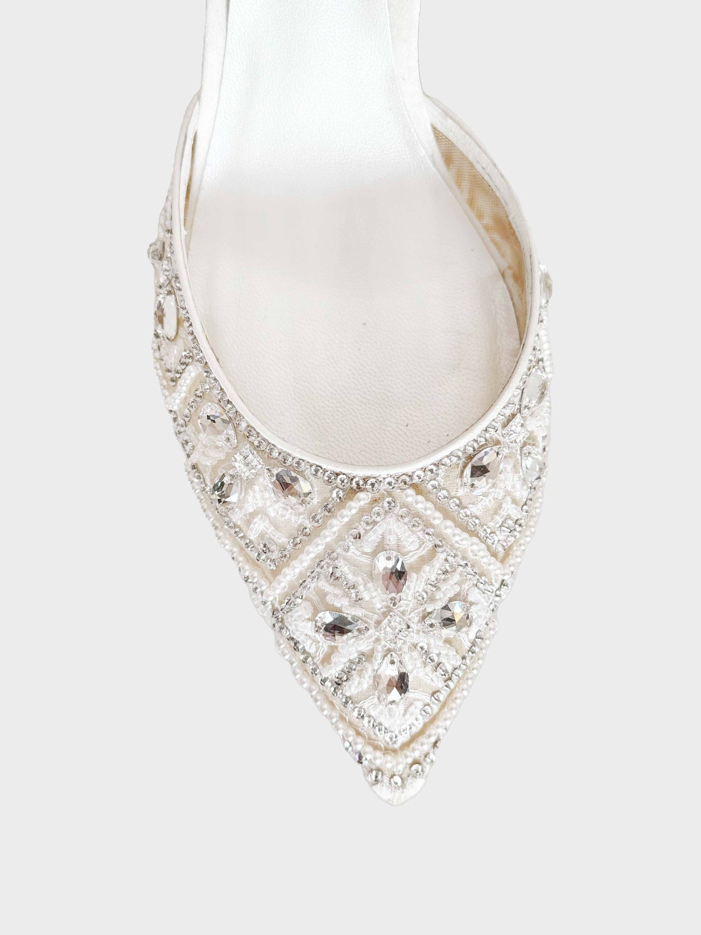 René Caovilla 2010s White and Silver Beaded Slingback Heels