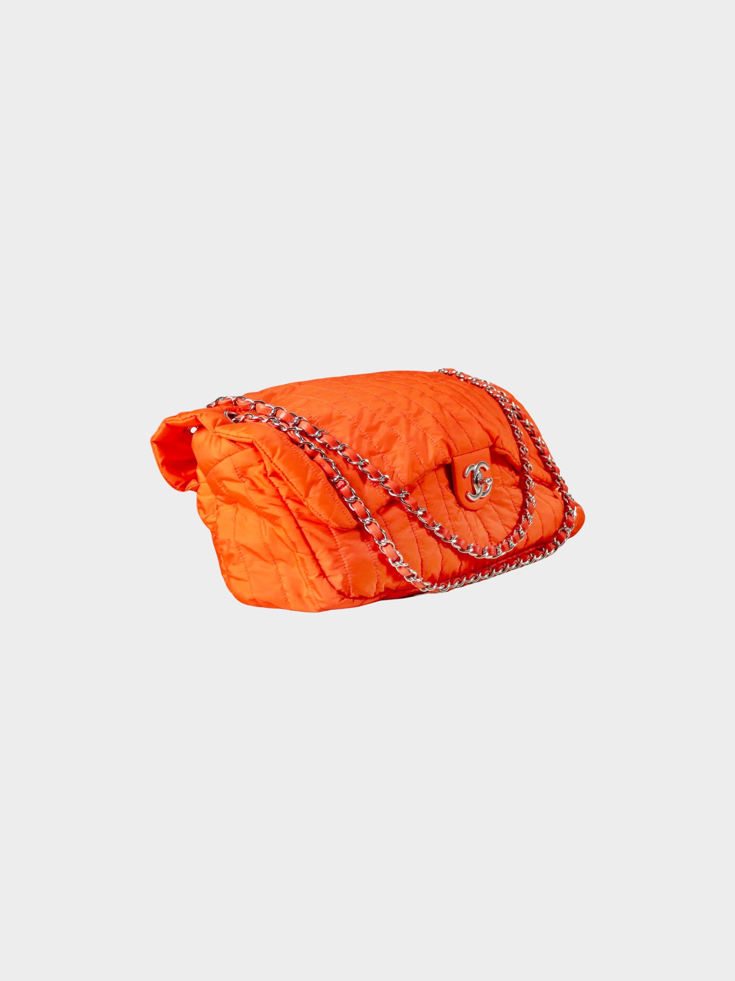 Chanel 2012 Orange Nylon Vertical Quilt Jumbo Flap Bag