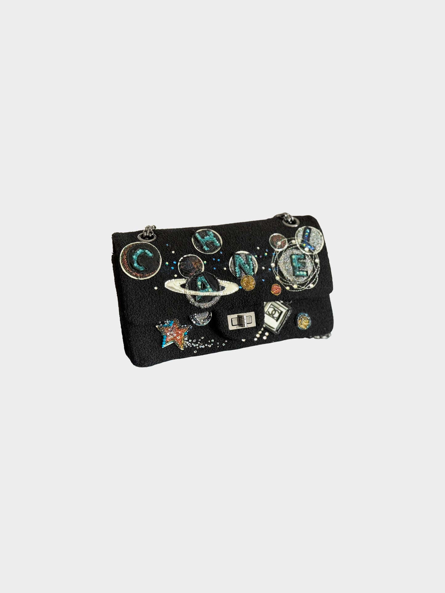 Chanel FW 2017 Limited Edition Black Tweed Space Motif 2.55 Double Flap Bag